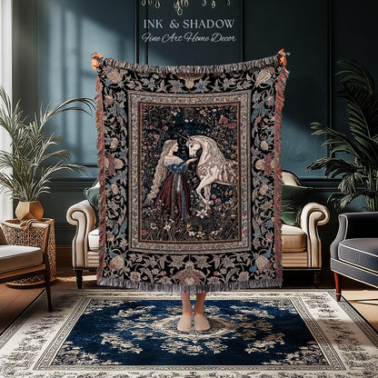 Mystic Fairytale Unicorn Throw Blanket | Renaissance Aesthetic Gloomy Coquette Woven Wall Tapestry Dark Cottagecore Storybook Gothic Theme |