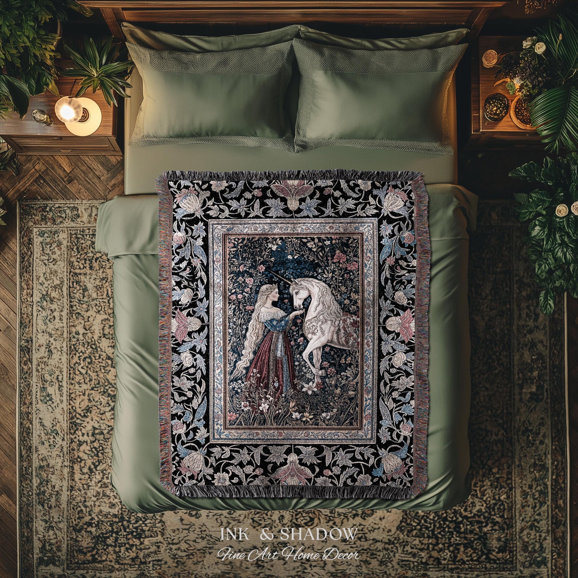 Mystic Fairytale Unicorn Throw Blanket | Renaissance Aesthetic Gloomy Coquette Woven Wall Tapestry Dark Cottagecore Storybook Gothic Theme |