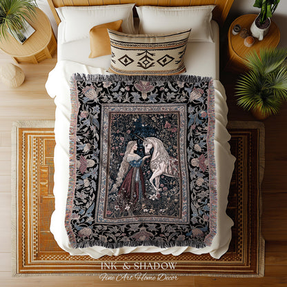 Mystic Fairytale Unicorn Throw Blanket | Renaissance Aesthetic Gloomy Coquette Woven Wall Tapestry Dark Cottagecore Storybook Gothic Theme |