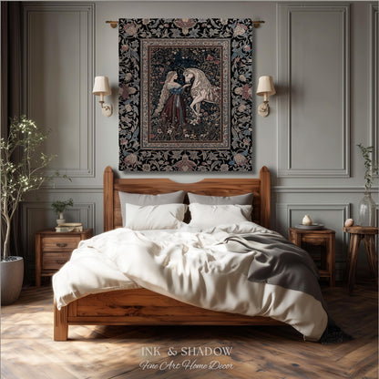 Mystic Fairytale Unicorn Throw Blanket | Renaissance Aesthetic Gloomy Coquette Woven Wall Tapestry Dark Cottagecore Storybook Gothic Theme |