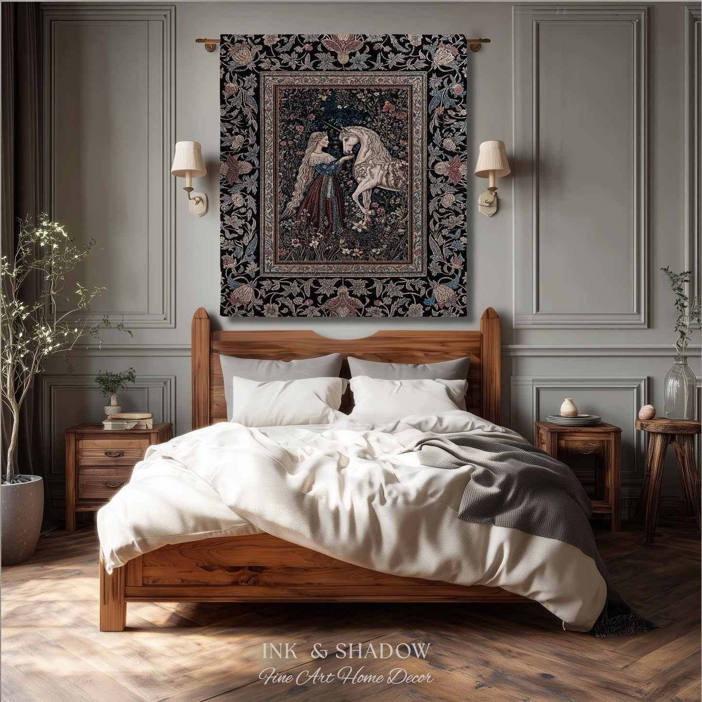 Mystic Fairytale Unicorn Throw Blanket | Renaissance Aesthetic Gloomy Coquette Woven Wall Tapestry Dark Cottagecore Storybook Gothic Theme |