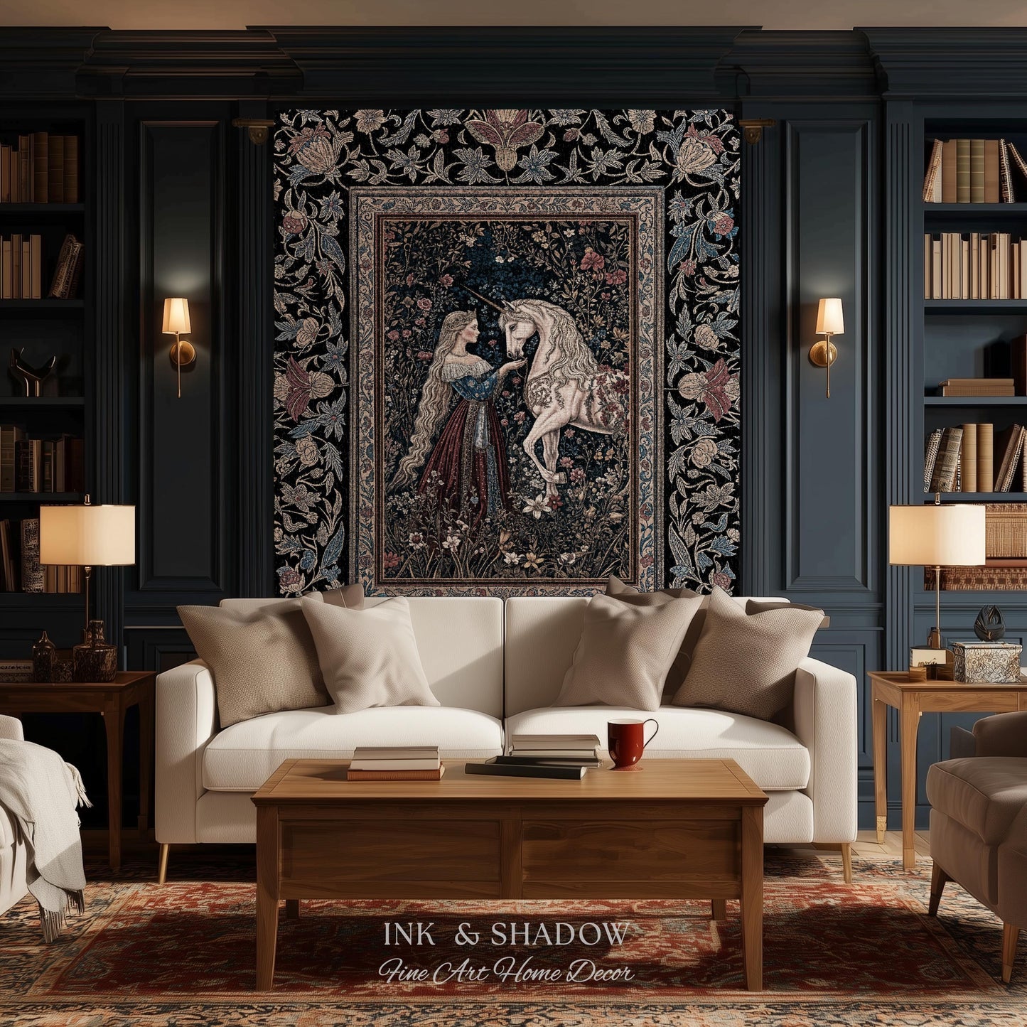 Mystic Fairytale Unicorn Throw Blanket | Renaissance Aesthetic Gloomy Coquette Woven Wall Tapestry Dark Cottagecore Storybook Gothic Theme |