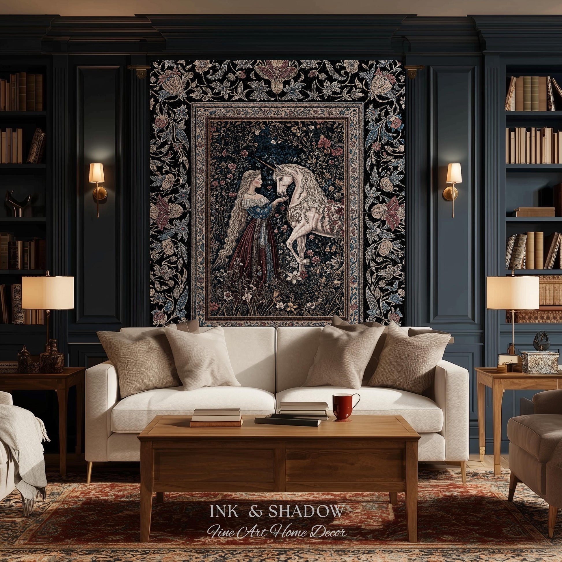 Mystic Fairytale Unicorn Throw Blanket | Renaissance Aesthetic Gloomy Coquette Woven Wall Tapestry Dark Cottagecore Storybook Gothic Theme |