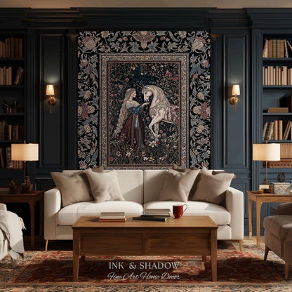 Mystic Fairytale Unicorn Throw Blanket | Renaissance Aesthetic Gloomy Coquette Woven Wall Tapestry Dark Cottagecore Storybook Gothic Theme |
