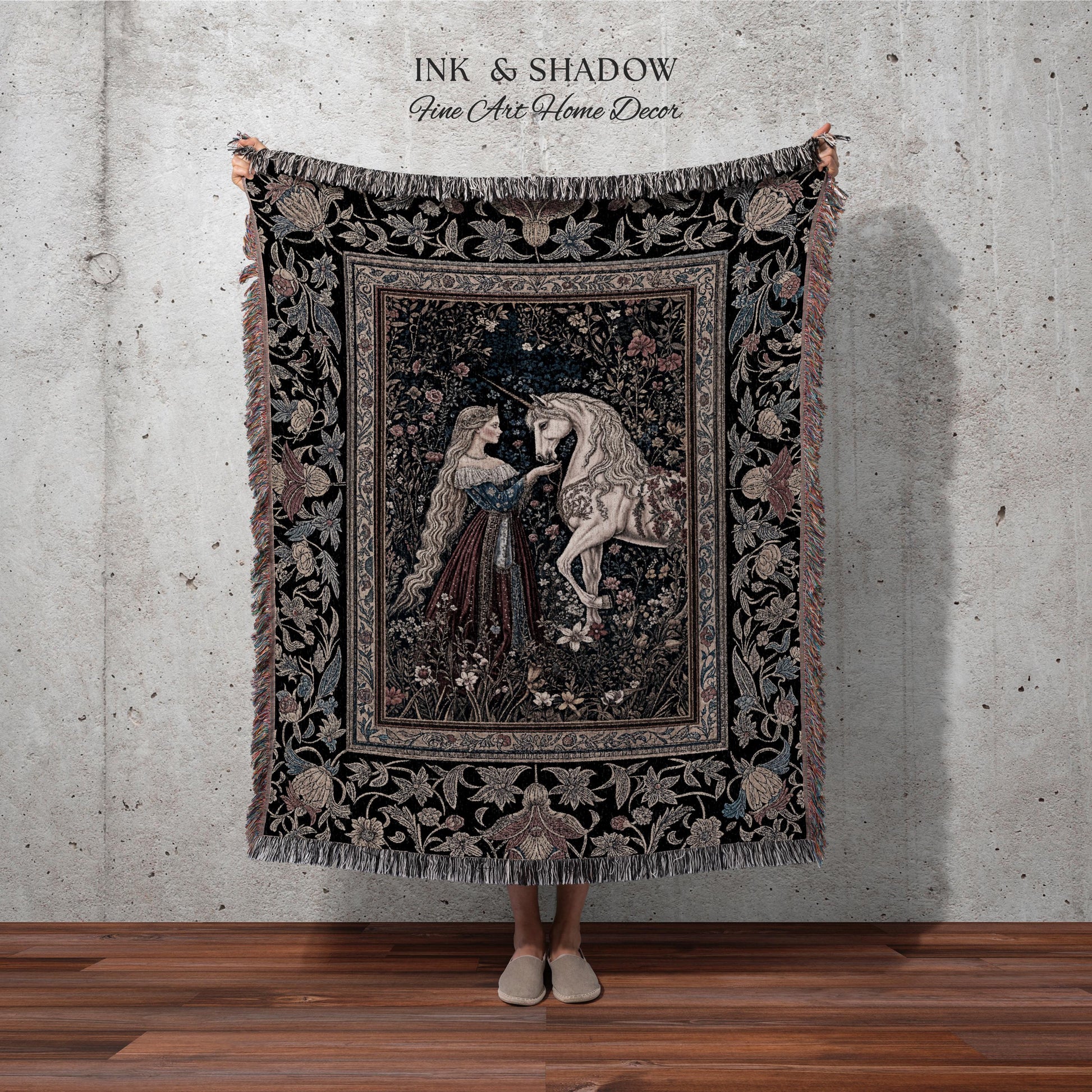 Mystic Fairytale Unicorn Throw Blanket | Renaissance Aesthetic Gloomy Coquette Woven Wall Tapestry Dark Cottagecore Storybook Gothic Theme |