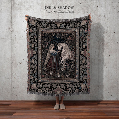 Mystic Fairytale Unicorn Throw Blanket | Renaissance Aesthetic Gloomy Coquette Woven Wall Tapestry Dark Cottagecore Storybook Gothic Theme |