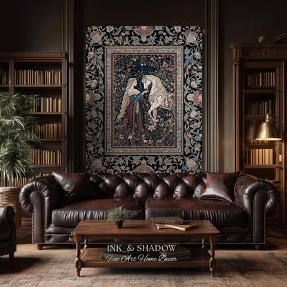 Mystic Fairytale Unicorn Throw Blanket | Renaissance Aesthetic Gloomy Coquette Woven Wall Tapestry Dark Cottagecore Storybook Gothic Theme |