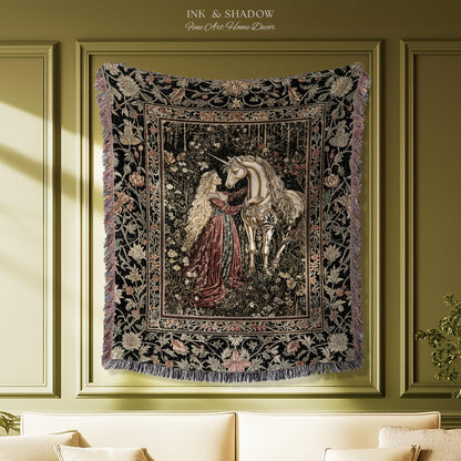 Romantic Fairytale Unicorn Throw Blanket | Regency Dark Cottagecore Coquette Woven Tapestry Dreamy Rococo Bedroom Storybook Gothic Decor |
