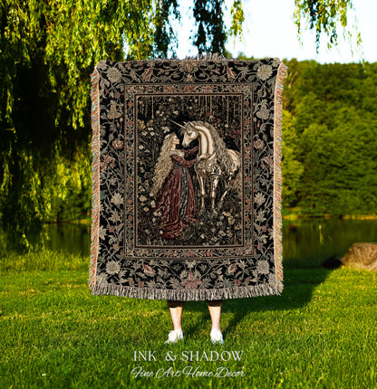 Romantic Fairytale Unicorn Throw Blanket | Regency Dark Cottagecore Coquette Woven Tapestry Dreamy Rococo Bedroom Storybook Gothic Decor |