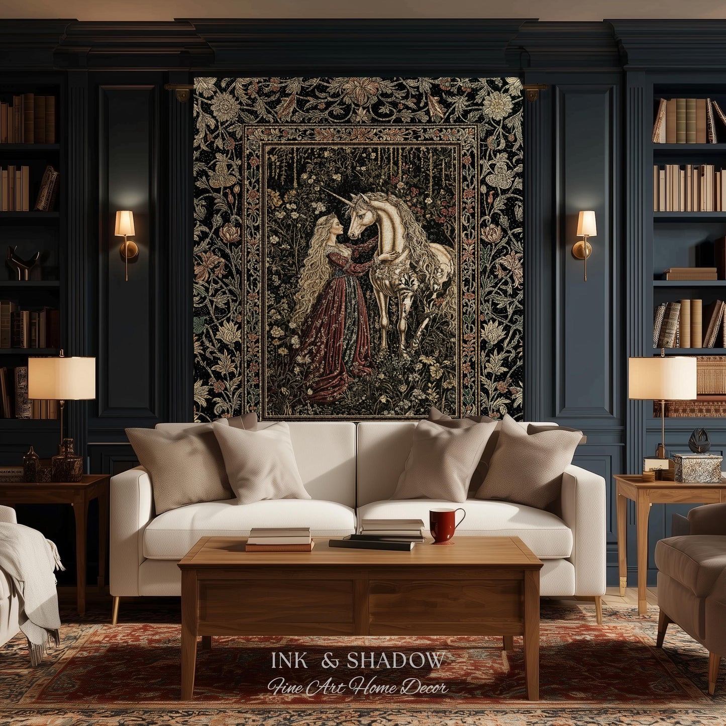 Romantic Fairytale Unicorn Throw Blanket | Regency Dark Cottagecore Coquette Woven Tapestry Dreamy Rococo Bedroom Storybook Gothic Decor |