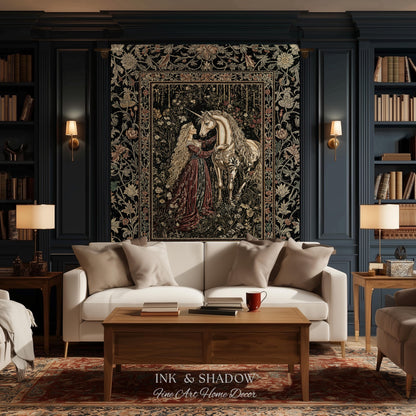 Romantic Fairytale Unicorn Throw Blanket | Regency Dark Cottagecore Coquette Woven Tapestry Dreamy Rococo Bedroom Storybook Gothic Decor |