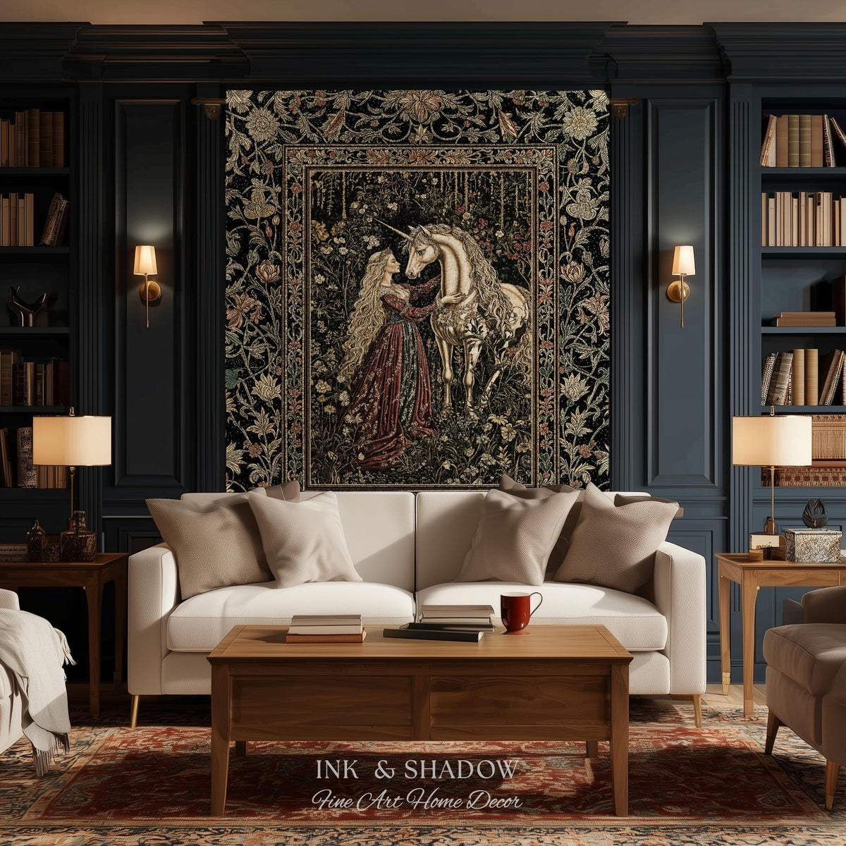 Romantic Fairytale Unicorn Throw Blanket | Regency Dark Cottagecore Coquette Woven Tapestry Dreamy Rococo Bedroom Storybook Gothic Decor |