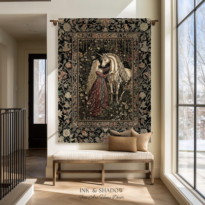 Romantic Fairytale Unicorn Throw Blanket | Regency Dark Cottagecore Coquette Woven Tapestry Dreamy Rococo Bedroom Storybook Gothic Decor |