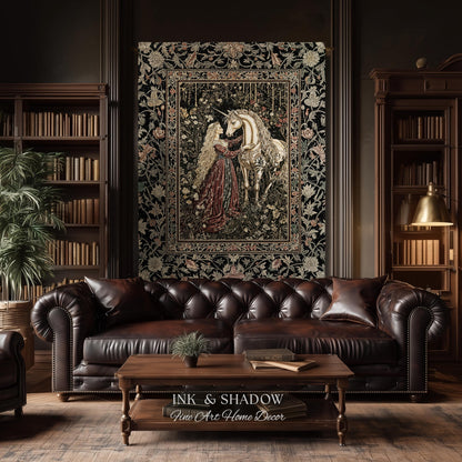 Romantic Fairytale Unicorn Throw Blanket | Regency Dark Cottagecore Coquette Woven Tapestry Dreamy Rococo Bedroom Storybook Gothic Decor |