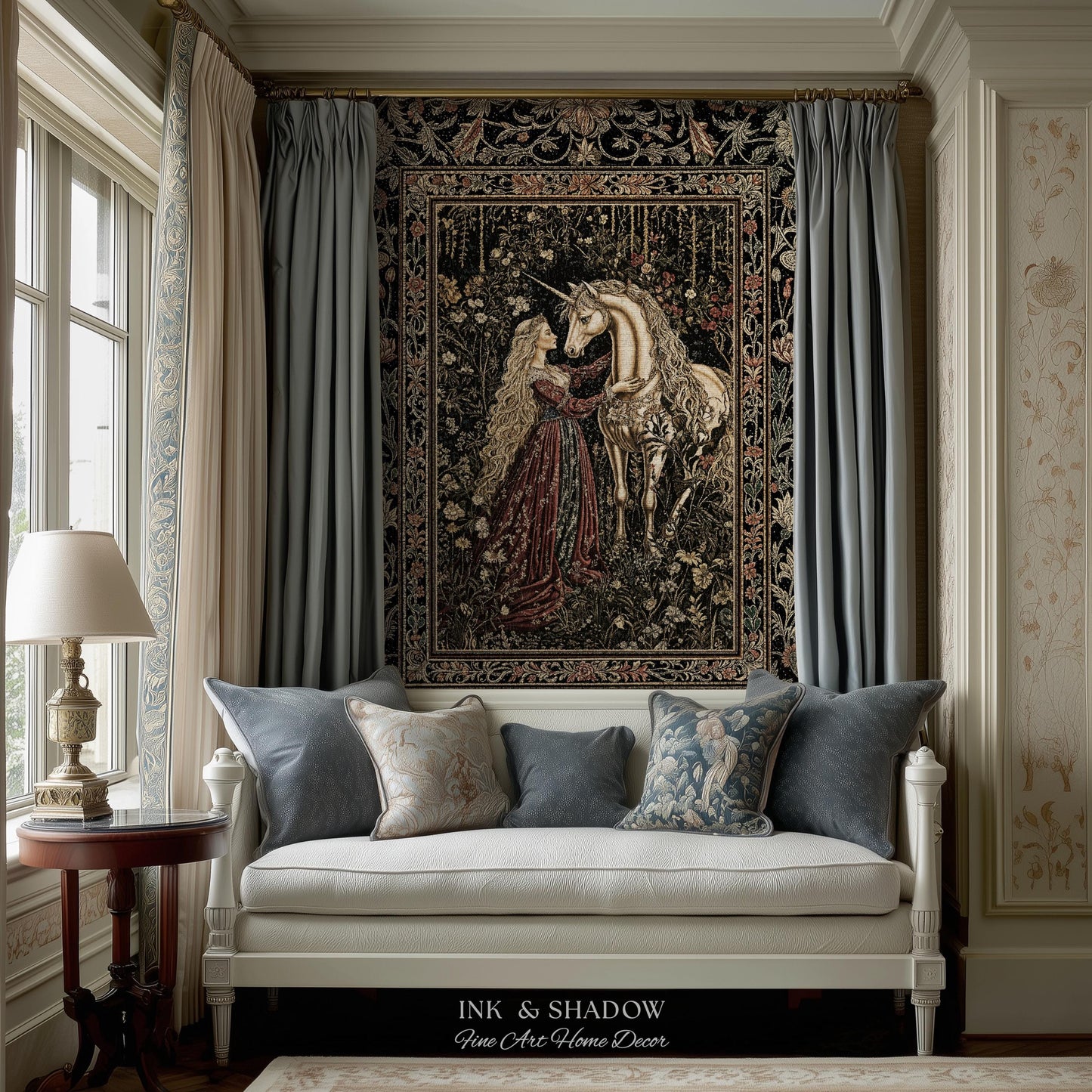 Romantic Fairytale Unicorn Throw Blanket | Regency Dark Cottagecore Coquette Woven Tapestry Dreamy Rococo Bedroom Storybook Gothic Decor |