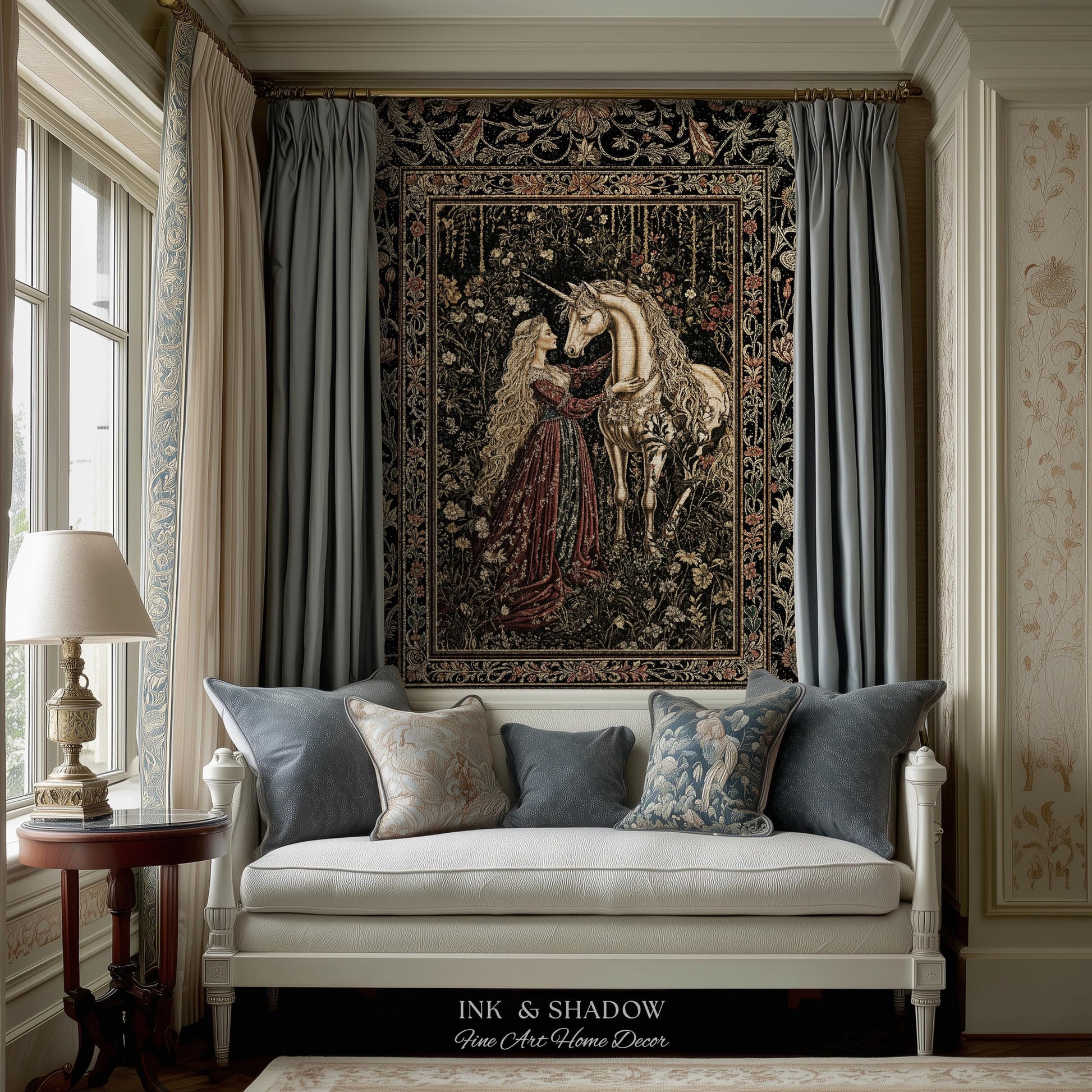 Romantic Fairytale Unicorn Throw Blanket | Regency Dark Cottagecore Coquette Woven Tapestry Dreamy Rococo Bedroom Storybook Gothic Decor |
