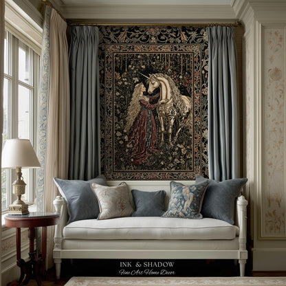 Romantic Fairytale Unicorn Throw Blanket | Regency Dark Cottagecore Coquette Woven Tapestry Dreamy Rococo Bedroom Storybook Gothic Decor |