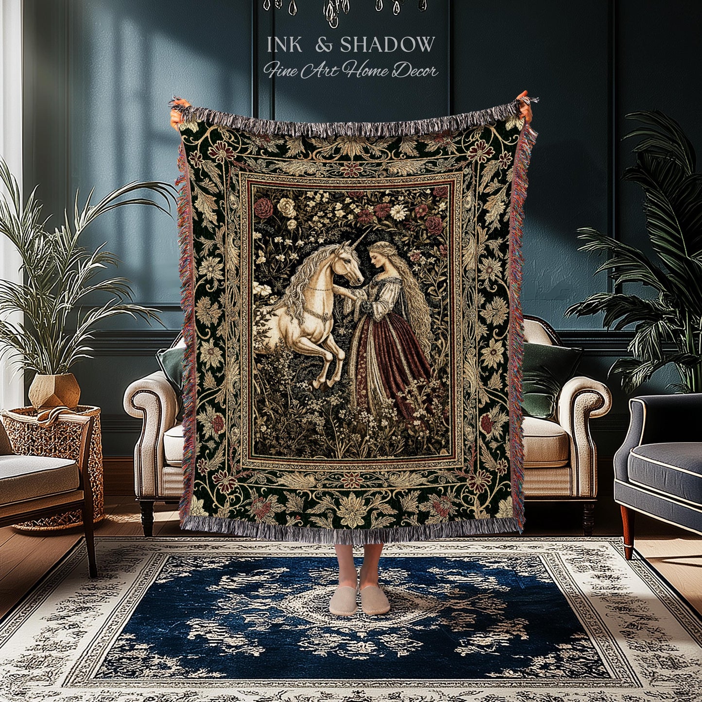 Renaissance Fairytale Floral Throw Blanket | Baroque Cottagecore Aesthetic Literary Goth Tapestry Regal Princesscore Bedroom Decor Medieval