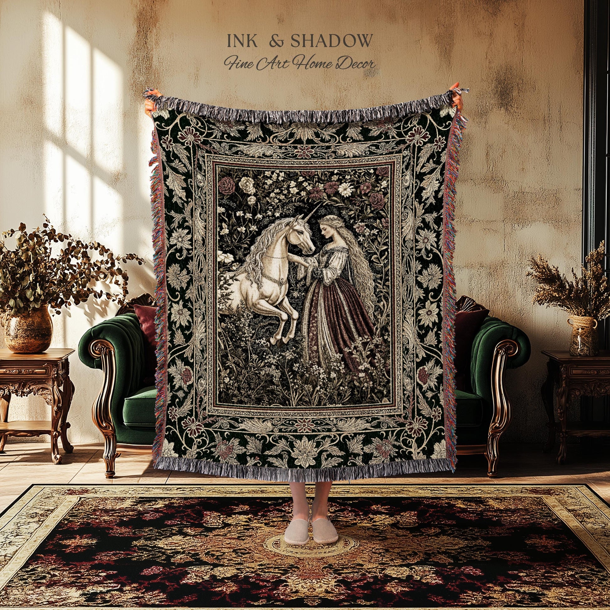 Renaissance Fairytale Floral Throw Blanket | Baroque Cottagecore Aesthetic Literary Goth Tapestry Regal Princesscore Bedroom Decor Medieval