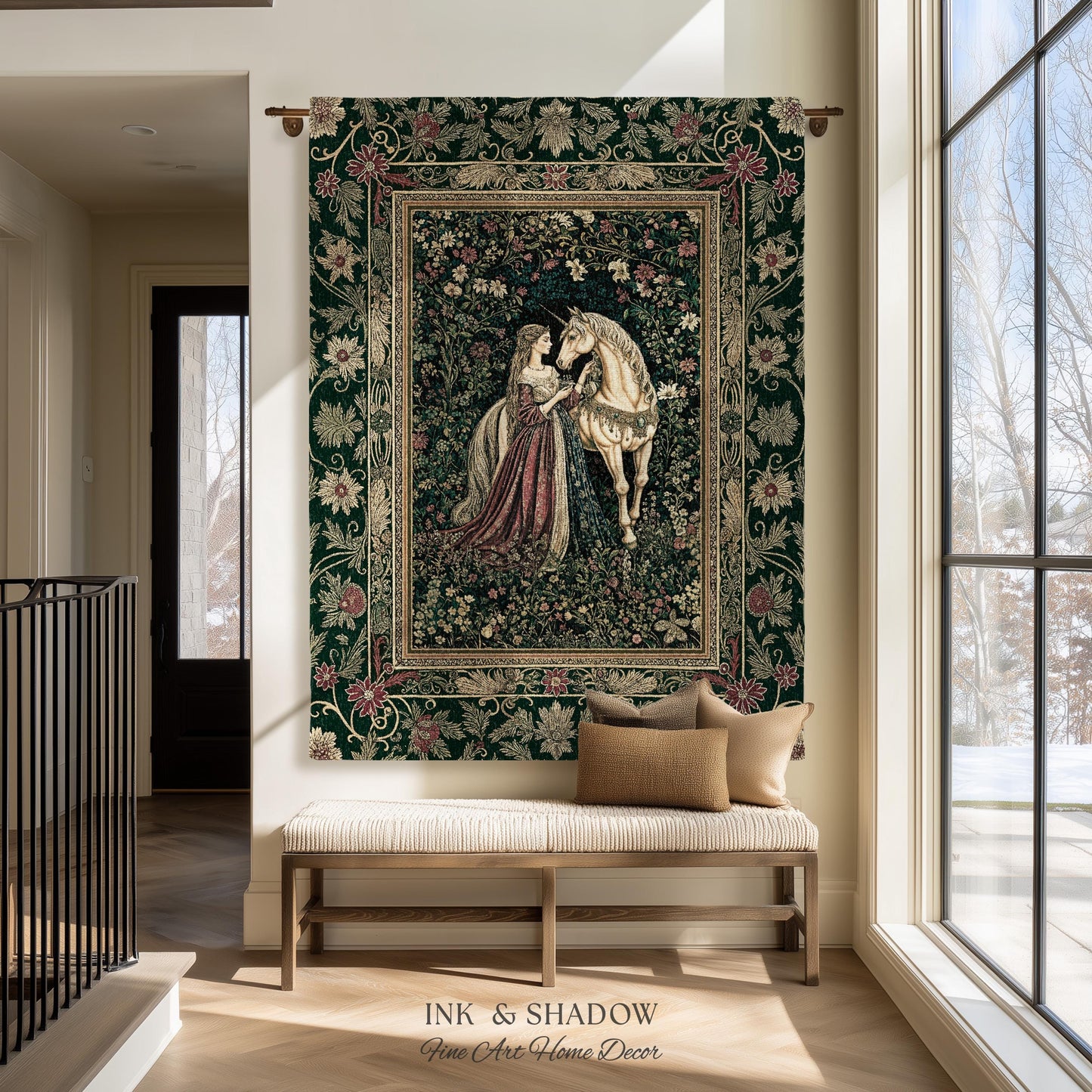 Dark Victorian Botanical Woven Wall Tapestry | Dreamy Rococo Storybook Aesthetic Romantic Fairy Bedroom Dark Cottagecore Throw Blanket |