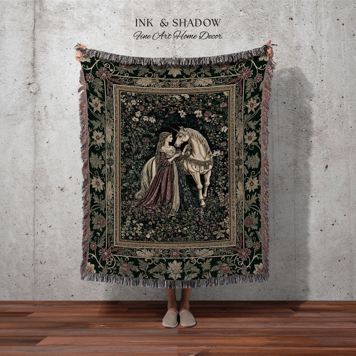 Dark Victorian Botanical Woven Wall Tapestry | Dreamy Rococo Storybook Aesthetic Romantic Fairy Bedroom Dark Cottagecore Throw Blanket |