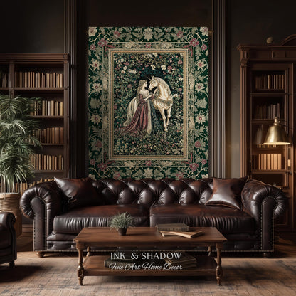 Dark Victorian Botanical Woven Wall Tapestry | Dreamy Rococo Storybook Aesthetic Romantic Fairy Bedroom Dark Cottagecore Throw Blanket |