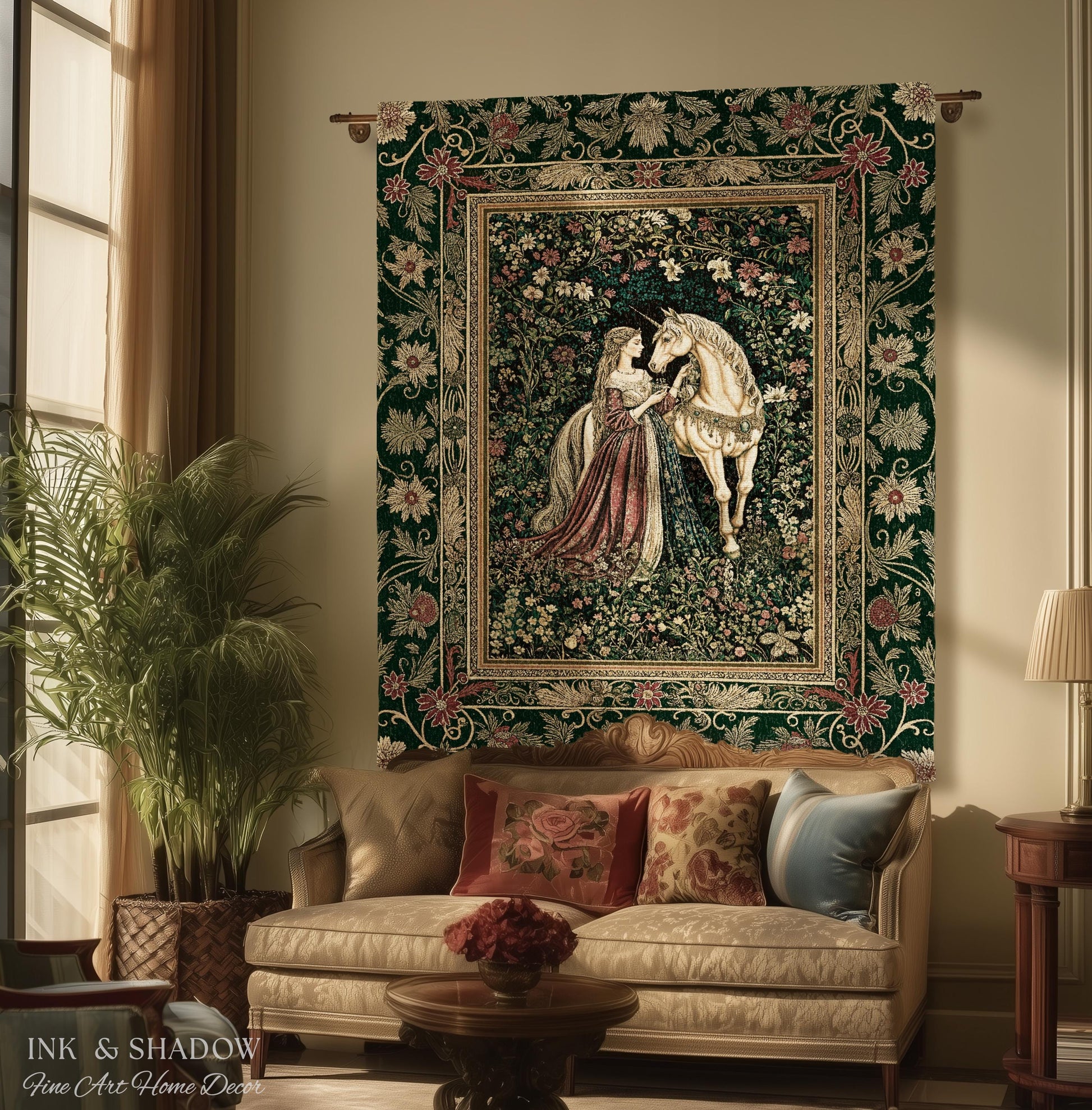 Dark Victorian Botanical Woven Wall Tapestry | Dreamy Rococo Storybook Aesthetic Romantic Fairy Bedroom Dark Cottagecore Throw Blanket |
