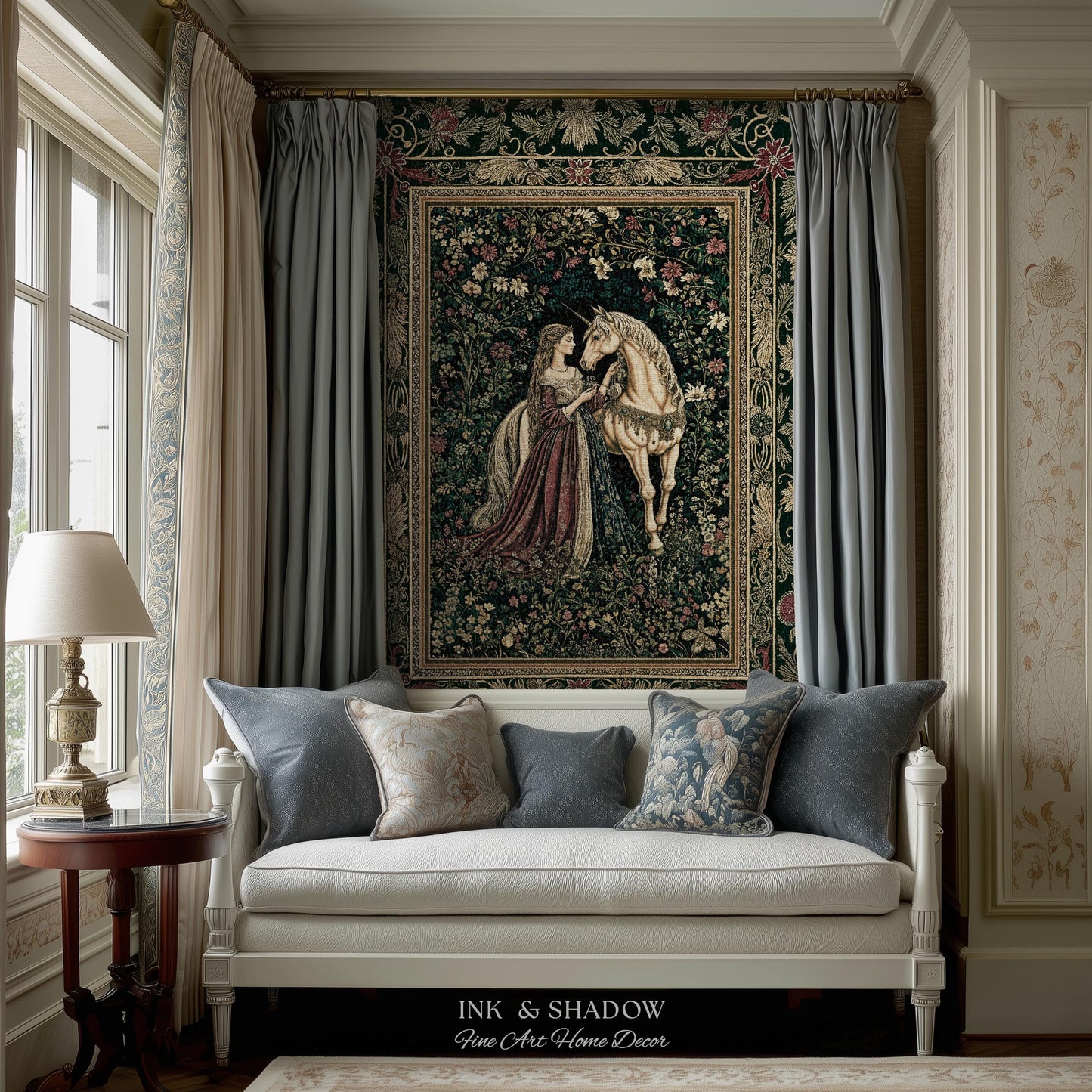 Dark Victorian Botanical Woven Wall Tapestry | Dreamy Rococo Storybook Aesthetic Romantic Fairy Bedroom Dark Cottagecore Throw Blanket |