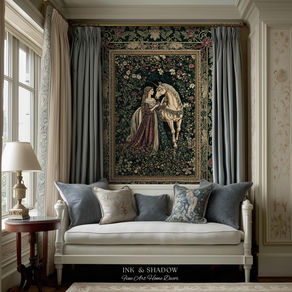 Dark Victorian Botanical Woven Wall Tapestry | Dreamy Rococo Storybook Aesthetic Romantic Fairy Bedroom Dark Cottagecore Throw Blanket |