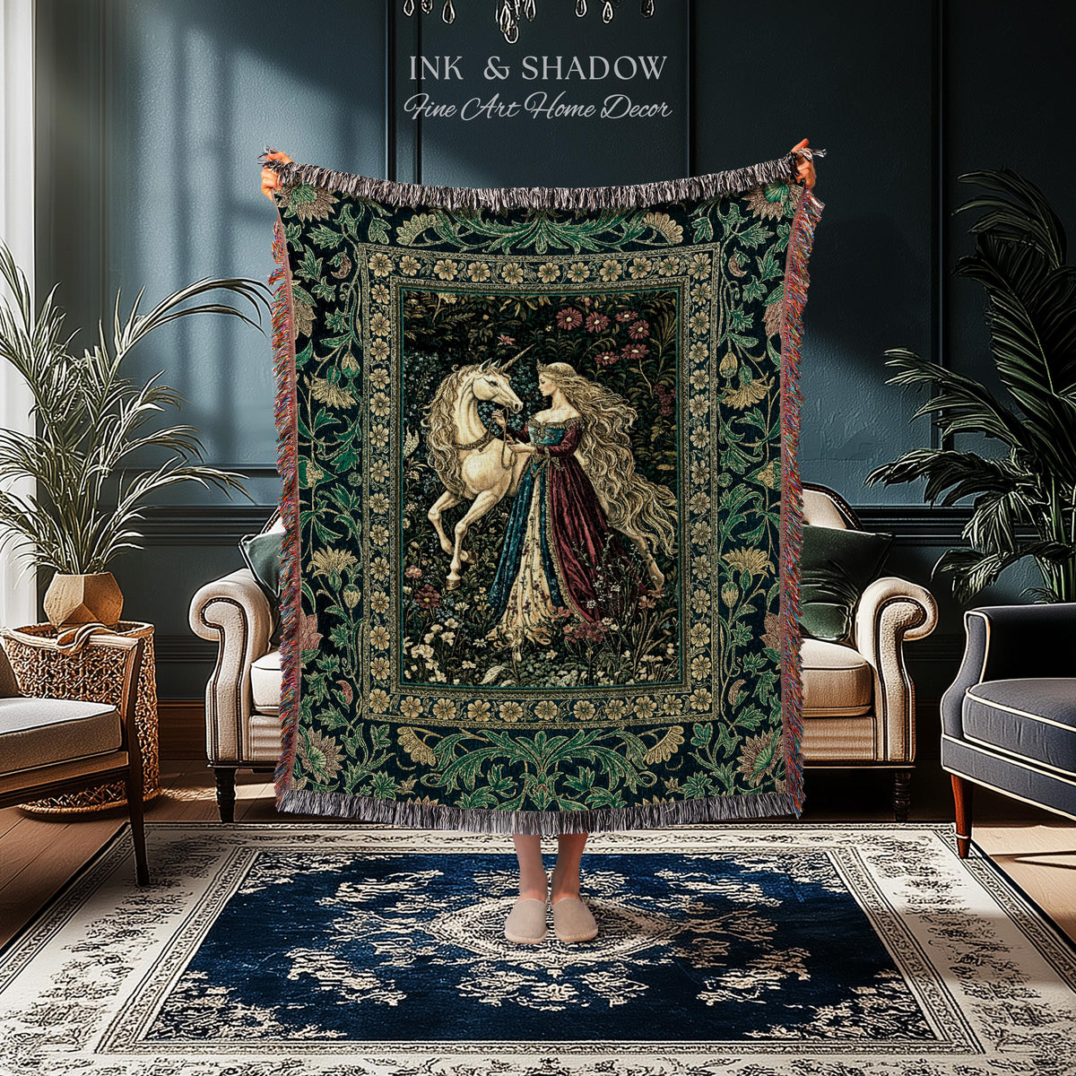Rich Rococo Fairytale Woven Throw Blanket | Mystical Gothic Romance Aesthetic Regal Princesscore Bedroom Tapestry Cottagecore Renaissance