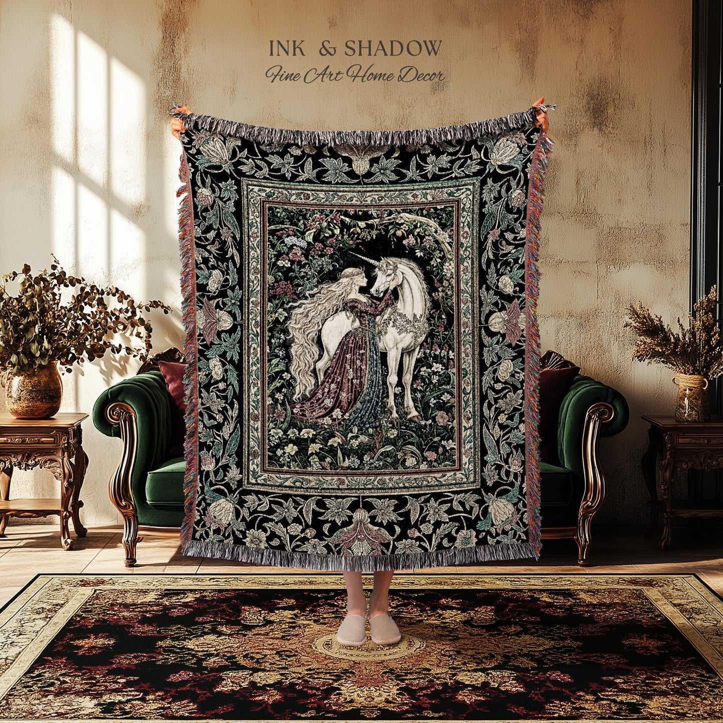 Baroque Fantasy Rustic Throw Blanket | Rococo Coquette Bedroom Decor Dark Royalcore Woven Wall Tapestry Medieval Storybook Gothic Aesthetic