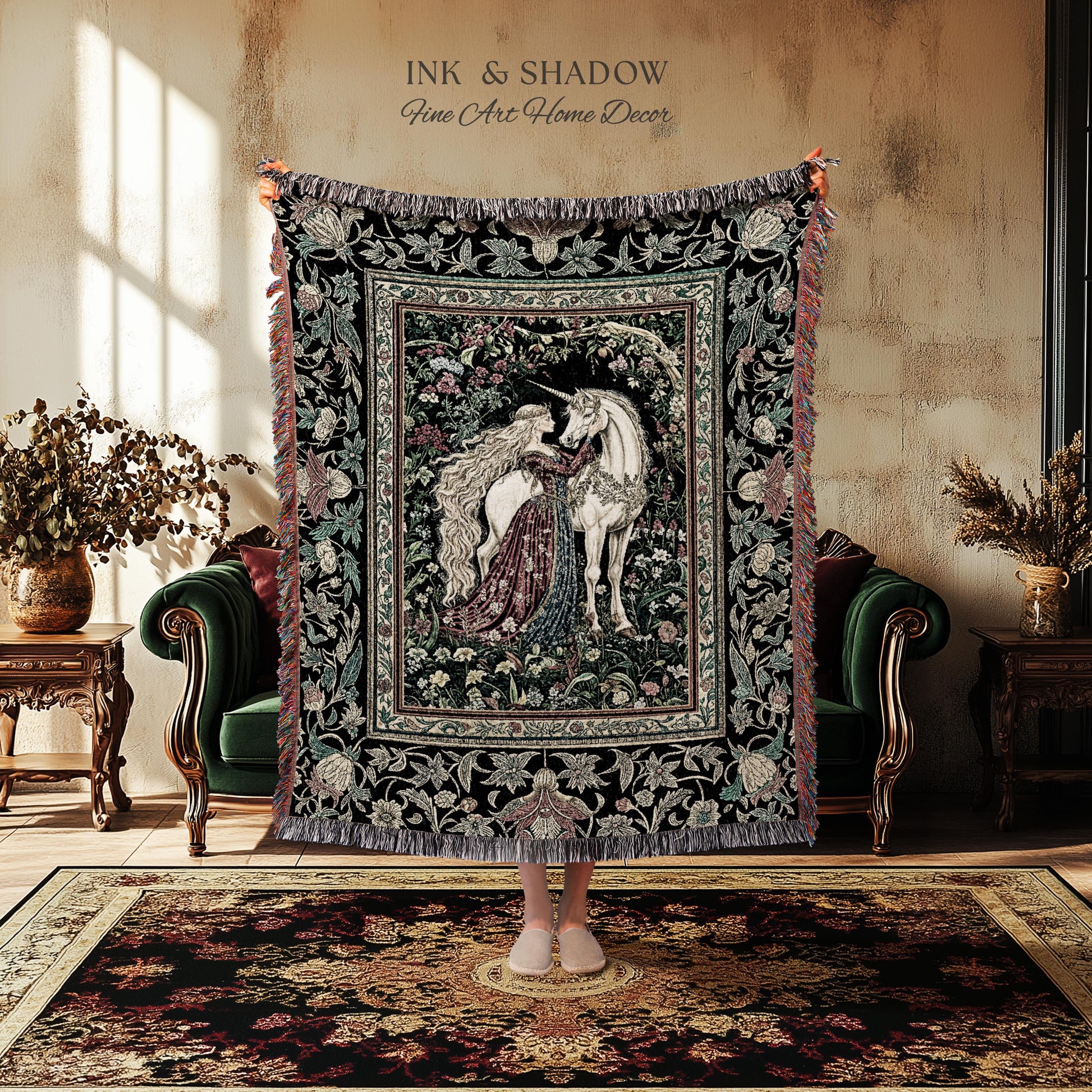 Baroque Fantasy Rustic Throw Blanket | Rococo Coquette Bedroom Decor Dark Royalcore Woven Wall Tapestry Medieval Storybook Gothic Aesthetic