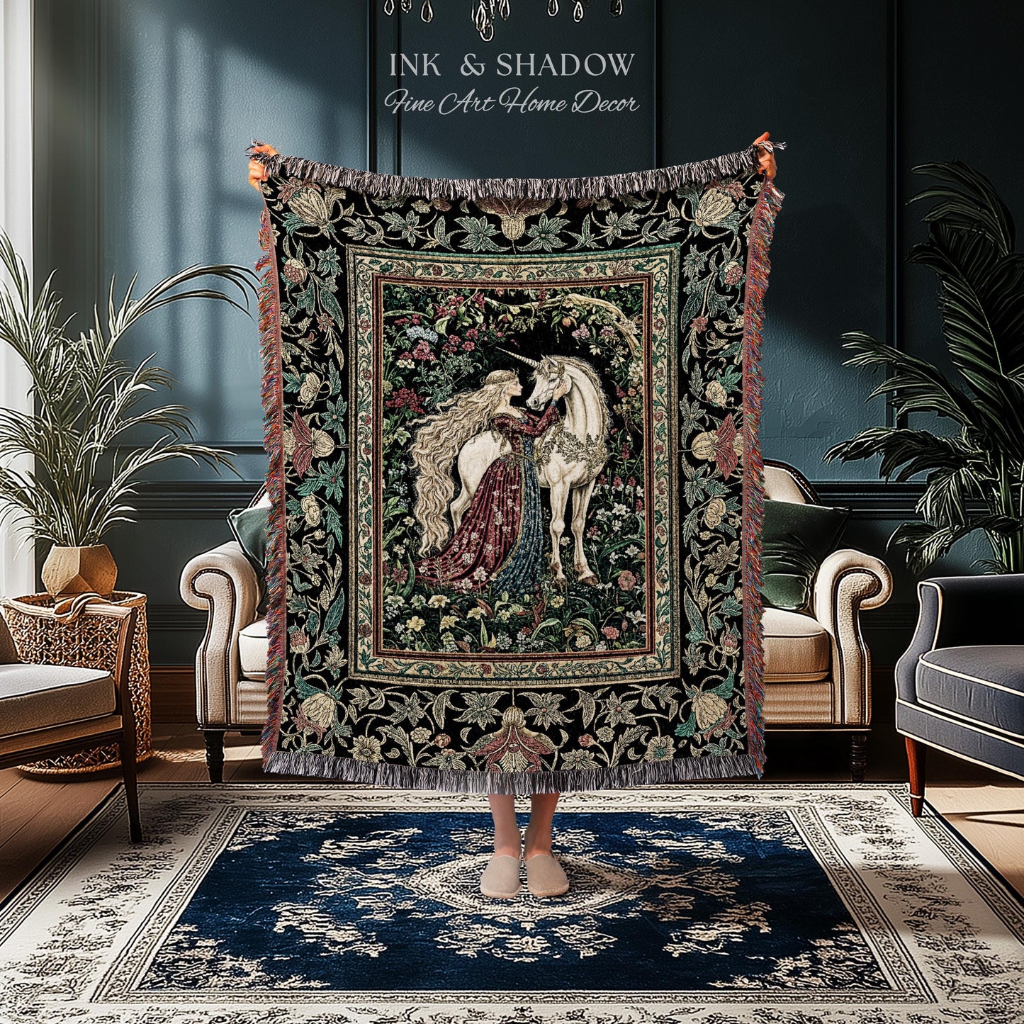 Baroque Fantasy Rustic Throw Blanket | Rococo Coquette Bedroom Decor Dark Royalcore Woven Wall Tapestry Medieval Storybook Gothic Aesthetic