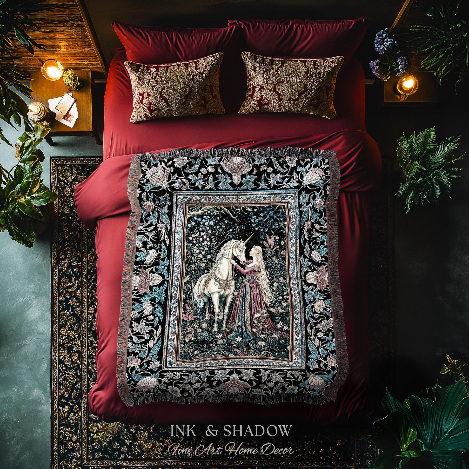 Rustic Fairytale Dark Teal Throw Blanket | Rococo Baroque Inspired Decor Medieval Princesscore Woven Tapestry Dreamy Fantasy Bedroom Style |