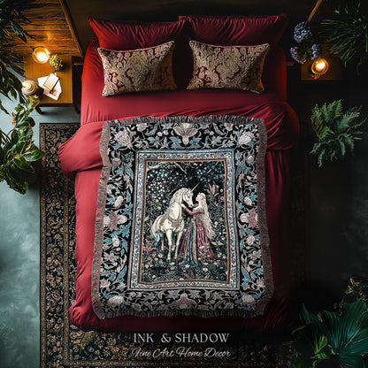 Rustic Fairytale Dark Teal Throw Blanket | Rococo Baroque Inspired Decor Medieval Princesscore Woven Tapestry Dreamy Fantasy Bedroom Style |