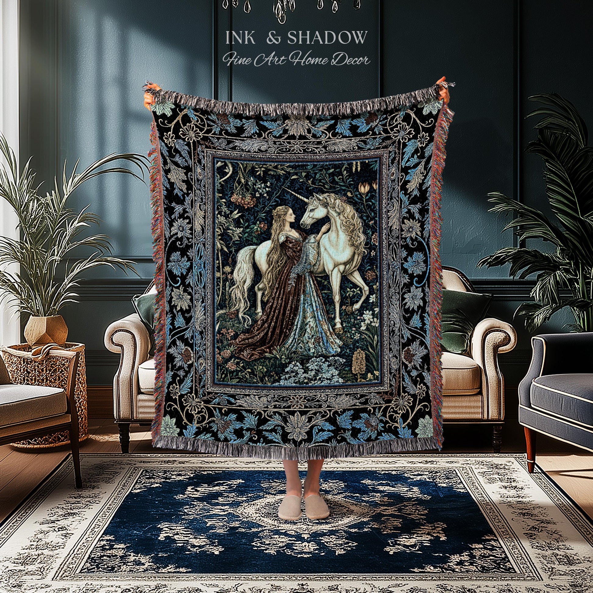Moody Medieval Rococo Throw Blanket | Vintage Fantasy Bedroom Woven Wall Tapestry Baroque Royalcore Cottagecore Romantic Decor Cool Hues |
