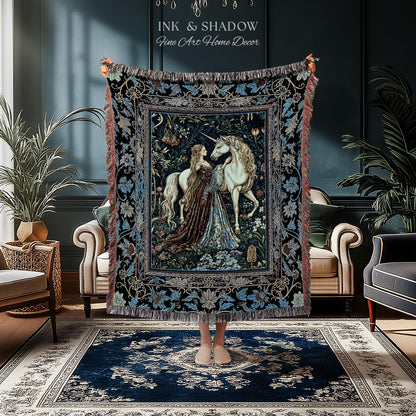 Moody Medieval Rococo Throw Blanket | Vintage Fantasy Bedroom Woven Wall Tapestry Baroque Royalcore Cottagecore Romantic Decor Cool Hues |