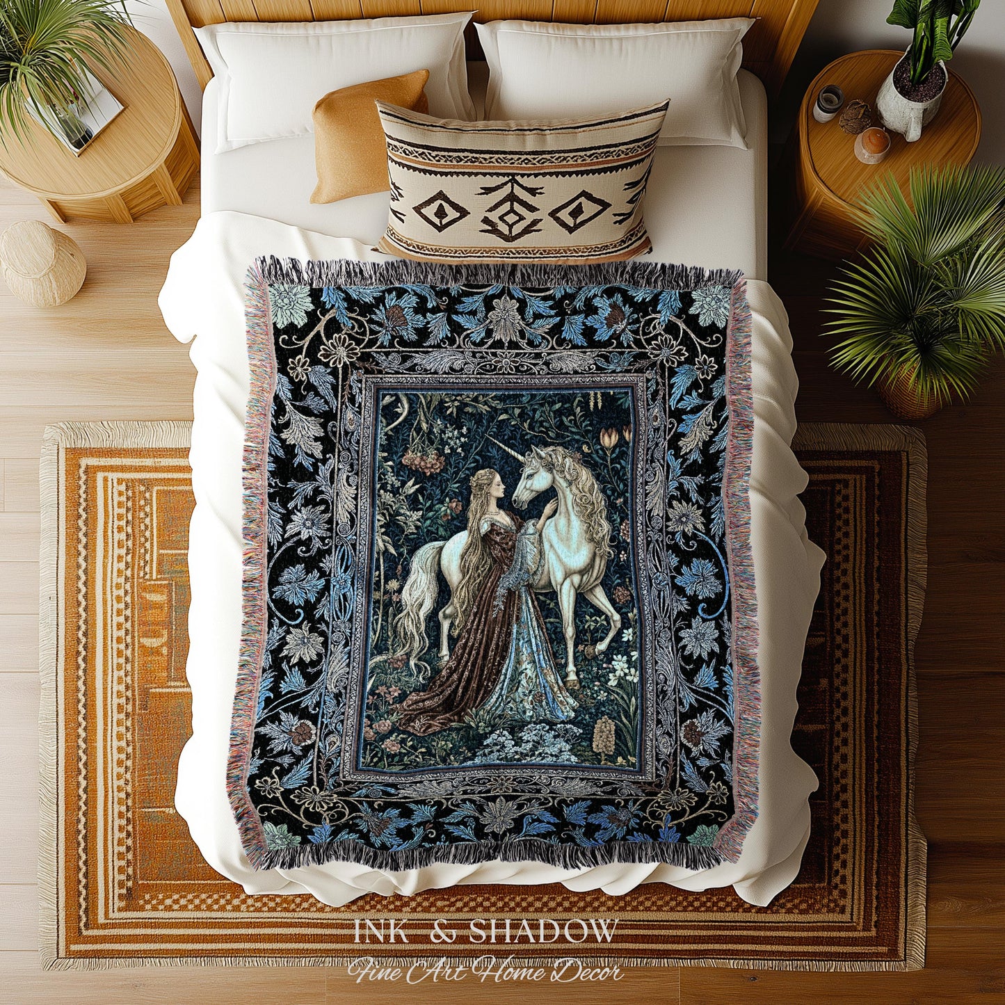 Moody Medieval Rococo Throw Blanket | Vintage Fantasy Bedroom Woven Wall Tapestry Baroque Royalcore Cottagecore Romantic Decor Cool Hues |