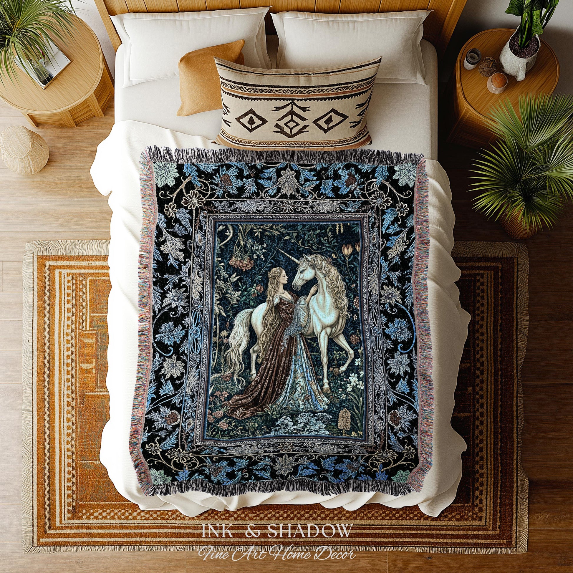 Moody Medieval Rococo Throw Blanket | Vintage Fantasy Bedroom Woven Wall Tapestry Baroque Royalcore Cottagecore Romantic Decor Cool Hues |
