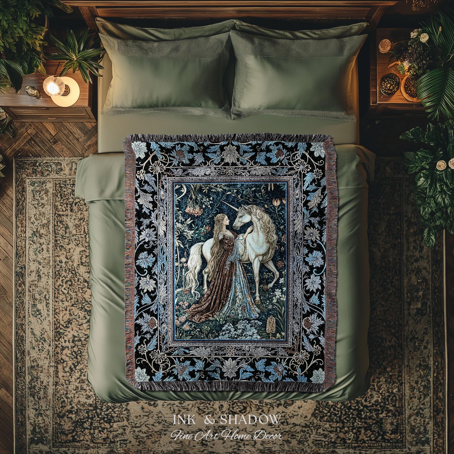 Moody Medieval Rococo Throw Blanket | Vintage Fantasy Bedroom Woven Wall Tapestry Baroque Royalcore Cottagecore Romantic Decor Cool Hues |