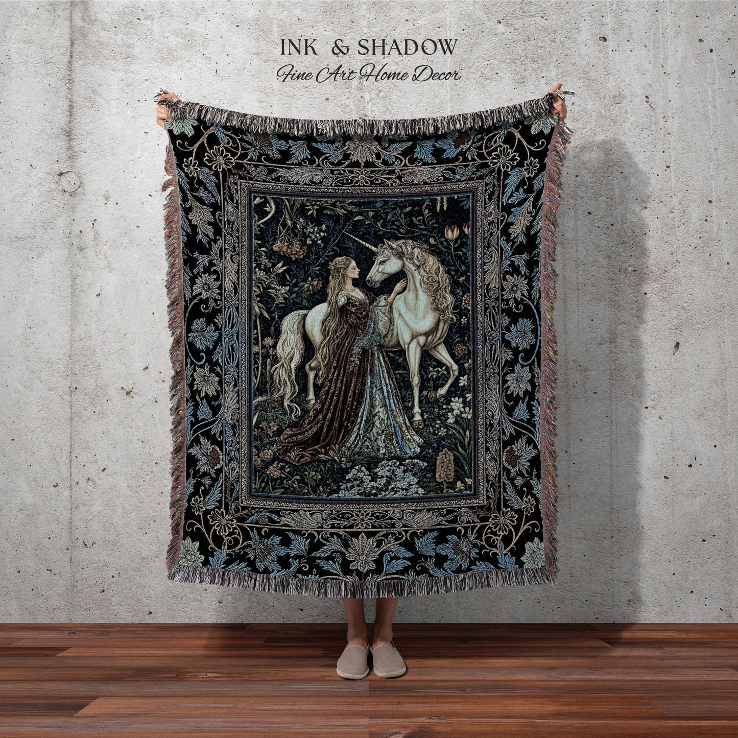 Moody Medieval Rococo Throw Blanket | Vintage Fantasy Bedroom Woven Wall Tapestry Baroque Royalcore Cottagecore Romantic Decor Cool Hues |