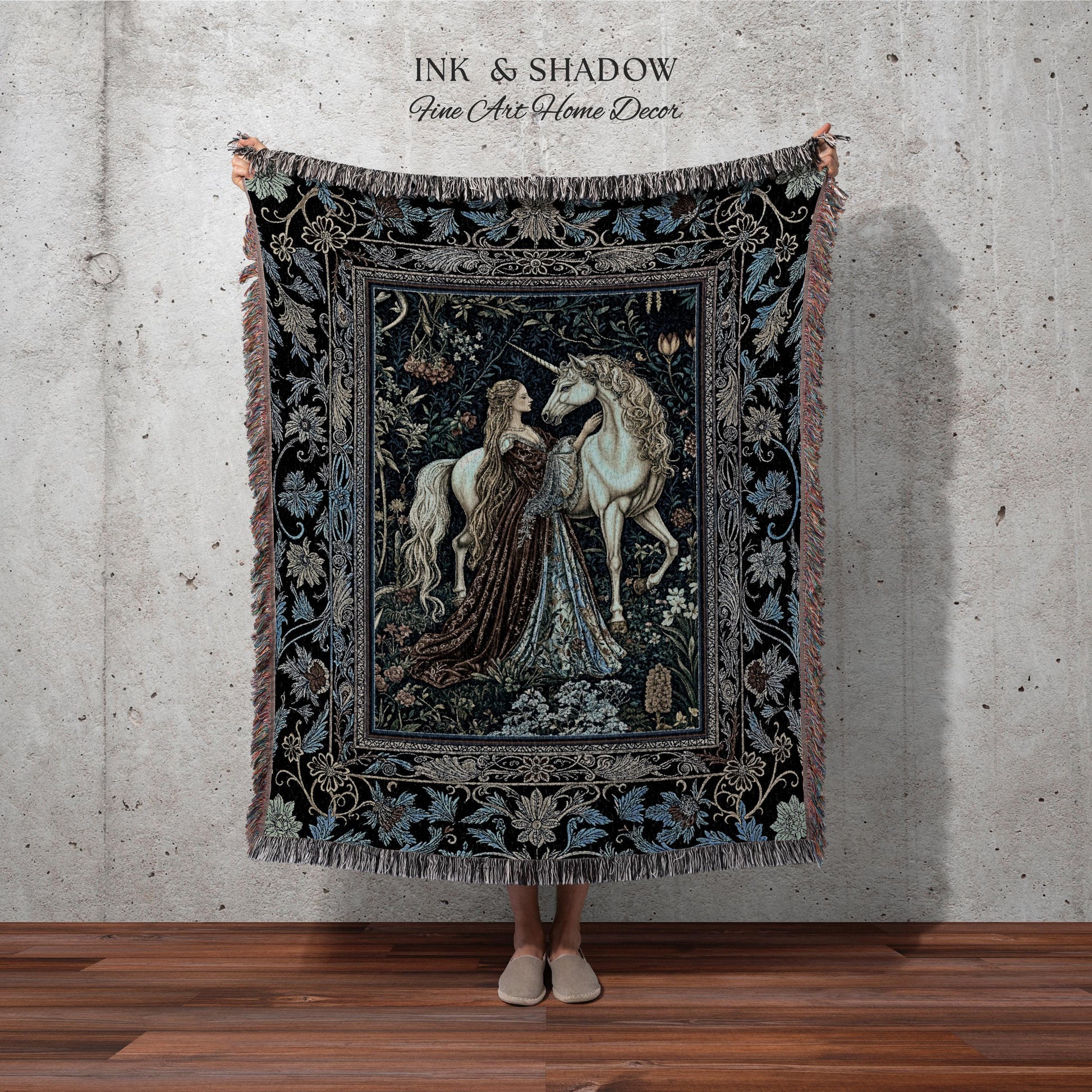 Moody Medieval Rococo Throw Blanket | Vintage Fantasy Bedroom Woven Wall Tapestry Baroque Royalcore Cottagecore Romantic Decor Cool Hues |