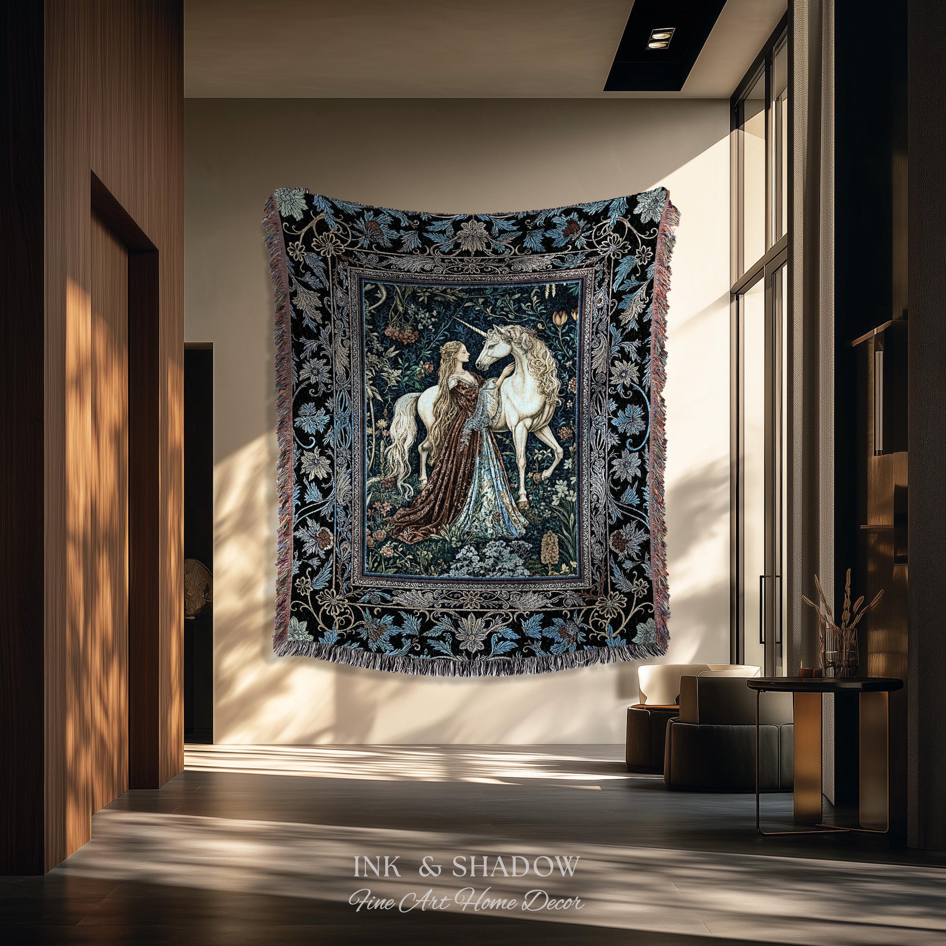 Moody Medieval Rococo Throw Blanket | Vintage Fantasy Bedroom Woven Wall Tapestry Baroque Royalcore Cottagecore Romantic Decor Cool Hues |