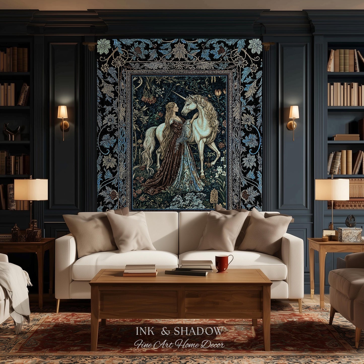 Moody Medieval Rococo Throw Blanket | Vintage Fantasy Bedroom Woven Wall Tapestry Baroque Royalcore Cottagecore Romantic Decor Cool Hues |