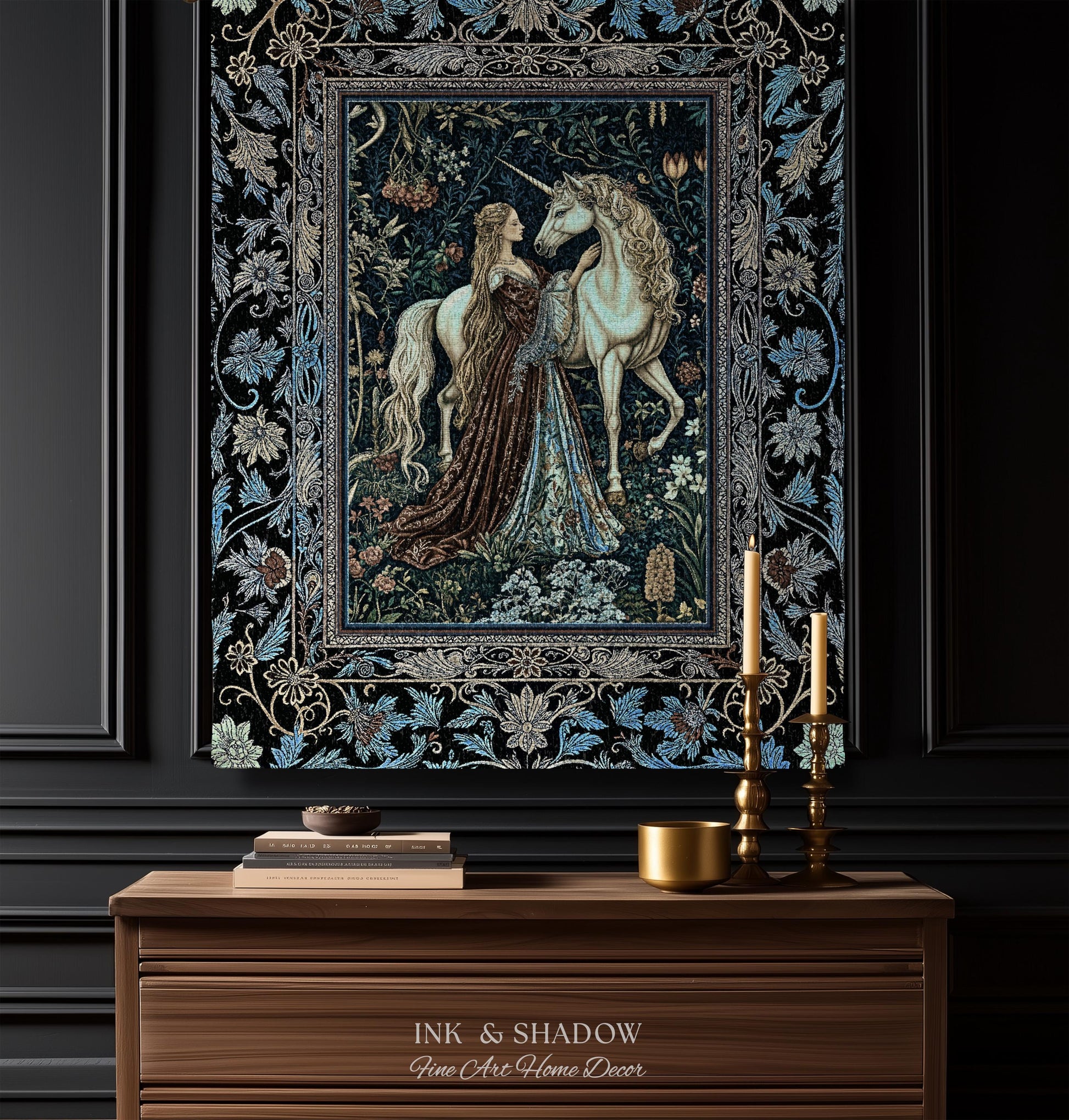 Moody Medieval Rococo Throw Blanket | Vintage Fantasy Bedroom Woven Wall Tapestry Baroque Royalcore Cottagecore Romantic Decor Cool Hues |