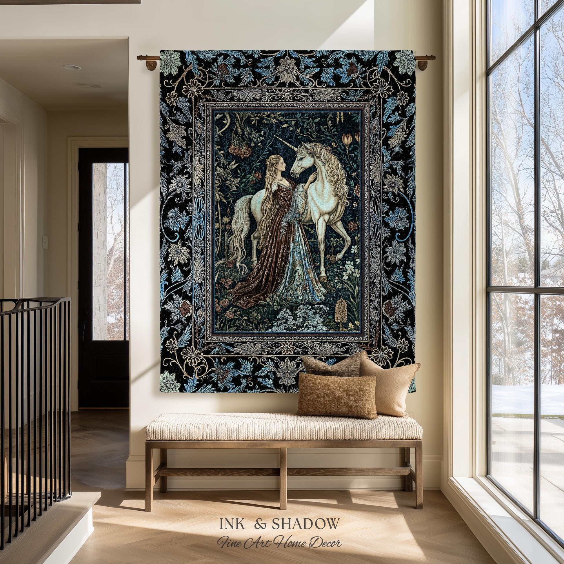 Moody Medieval Rococo Throw Blanket | Vintage Fantasy Bedroom Woven Wall Tapestry Baroque Royalcore Cottagecore Romantic Decor Cool Hues |