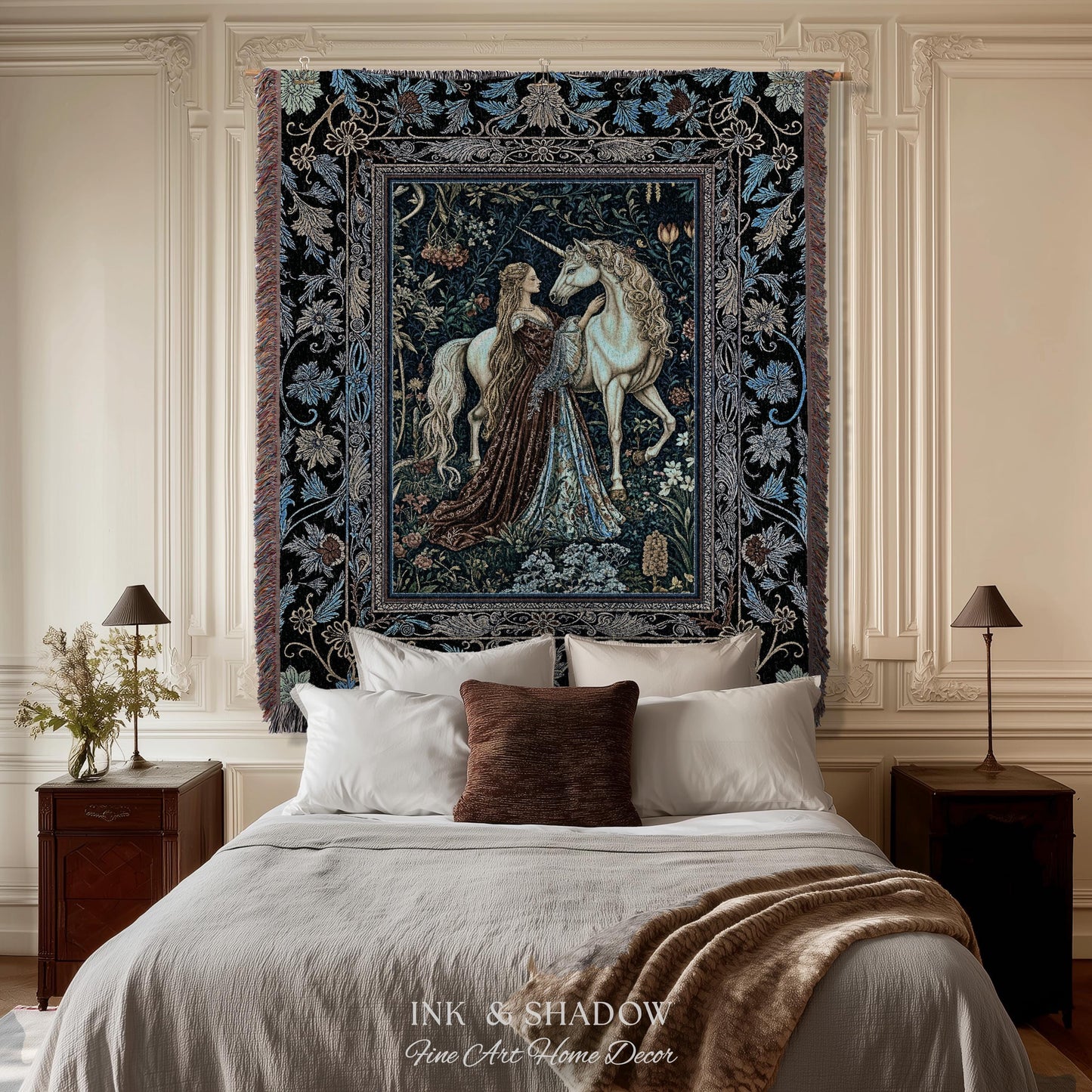 Moody Medieval Rococo Throw Blanket | Vintage Fantasy Bedroom Woven Wall Tapestry Baroque Royalcore Cottagecore Romantic Decor Cool Hues |