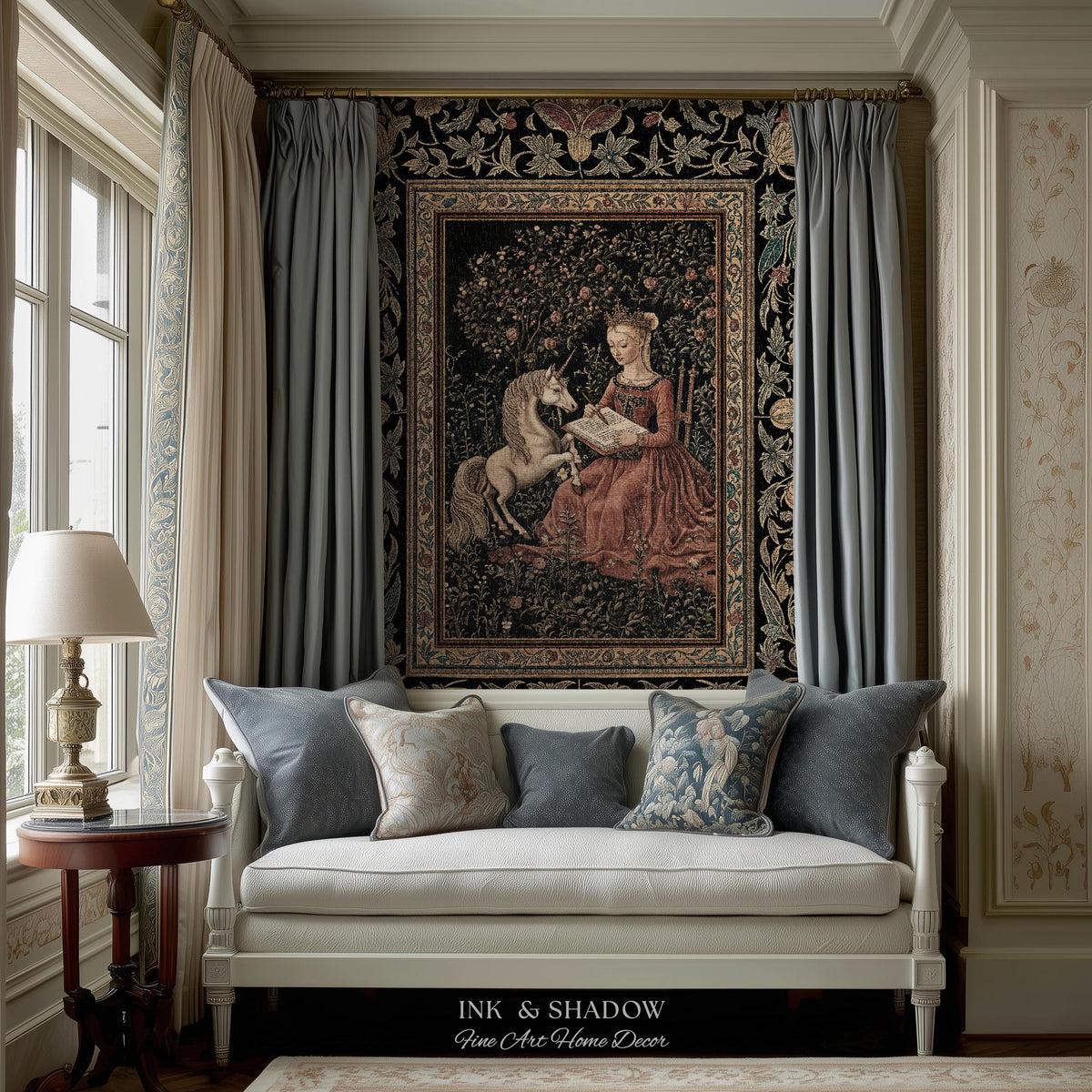 Victorian Storybook Floral Woven Blanket | Mystical Renaissance Fairytale Wall Tapestry Dark Cottagecore Ethereal Bedroom Royalcore Decor |