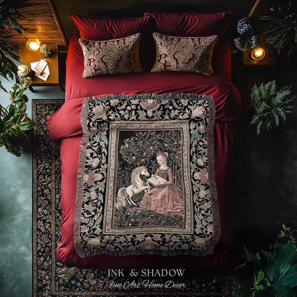 Victorian Storybook Floral Woven Blanket | Mystical Renaissance Fairytale Wall Tapestry Dark Cottagecore Ethereal Bedroom Royalcore Decor |
