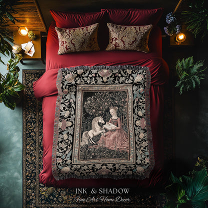 Victorian Storybook Floral Woven Blanket | Mystical Renaissance Fairytale Wall Tapestry Dark Cottagecore Ethereal Bedroom Royalcore Decor |